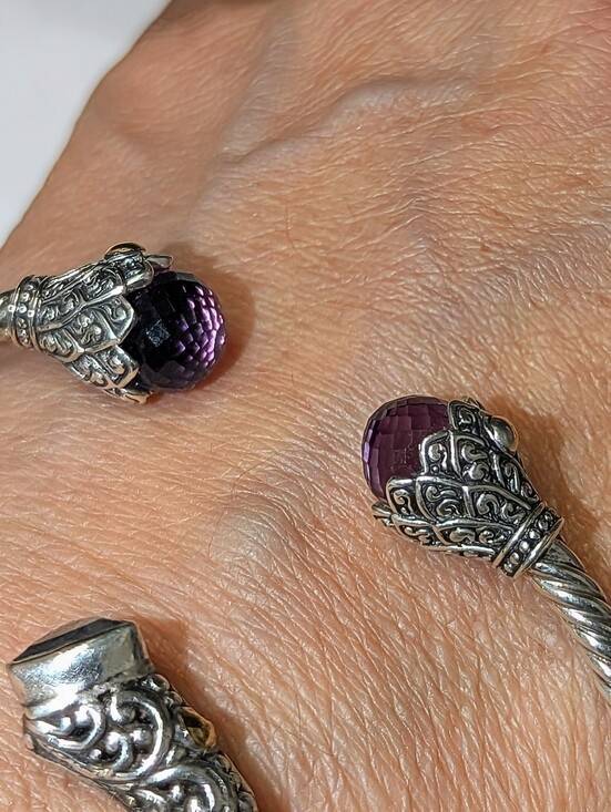 Jewelry - Faceted Amethyst Sterling Silver Bali Hinge Cuff with 18K Gold Accents